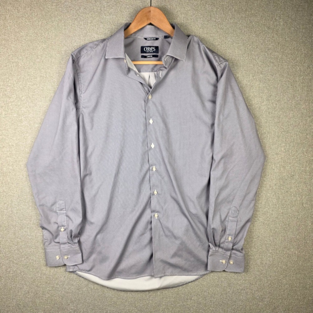 Chaps Mens Medium Regular Fit Stretch Micro Check Shirt Blue White Button Down